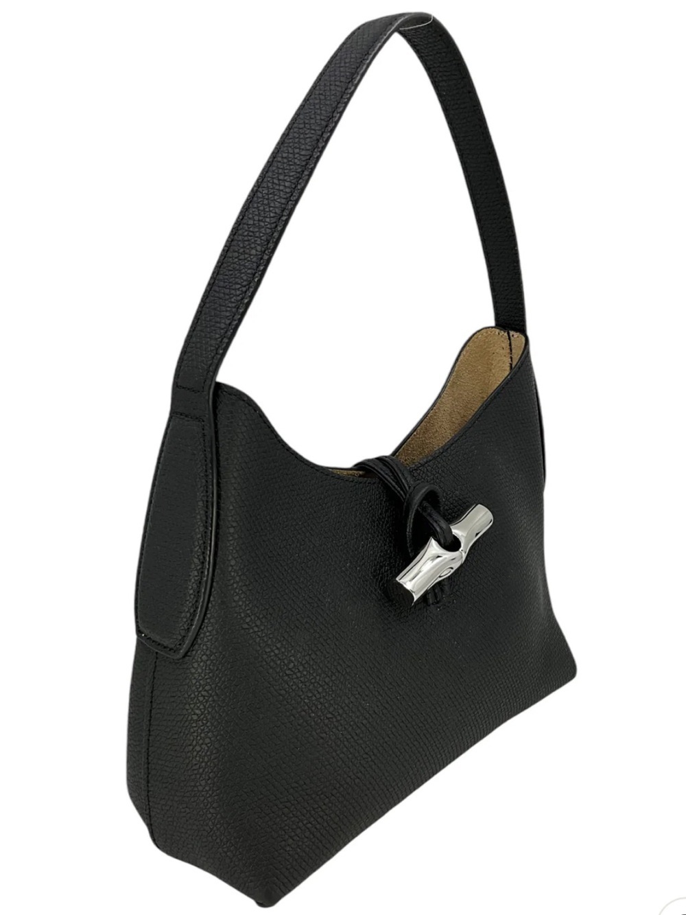 Longchamp Le Roseau Black Grained Cowhide Leather Small Hobo Bag NWOT RARE - Picture 7 of 9